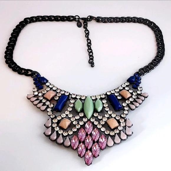 LORI GOLDSTEIN LOGO RUNWAY STATEMENT COLLAR NECKLACE PINK BLUE CRYSTAL GUNMETAL - Picture 9 of 14